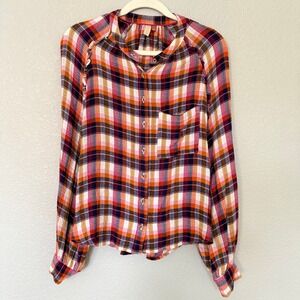 Anthropologie Pilcro Plaid Breezy Ranch Western Viscose Blouson Sleeve